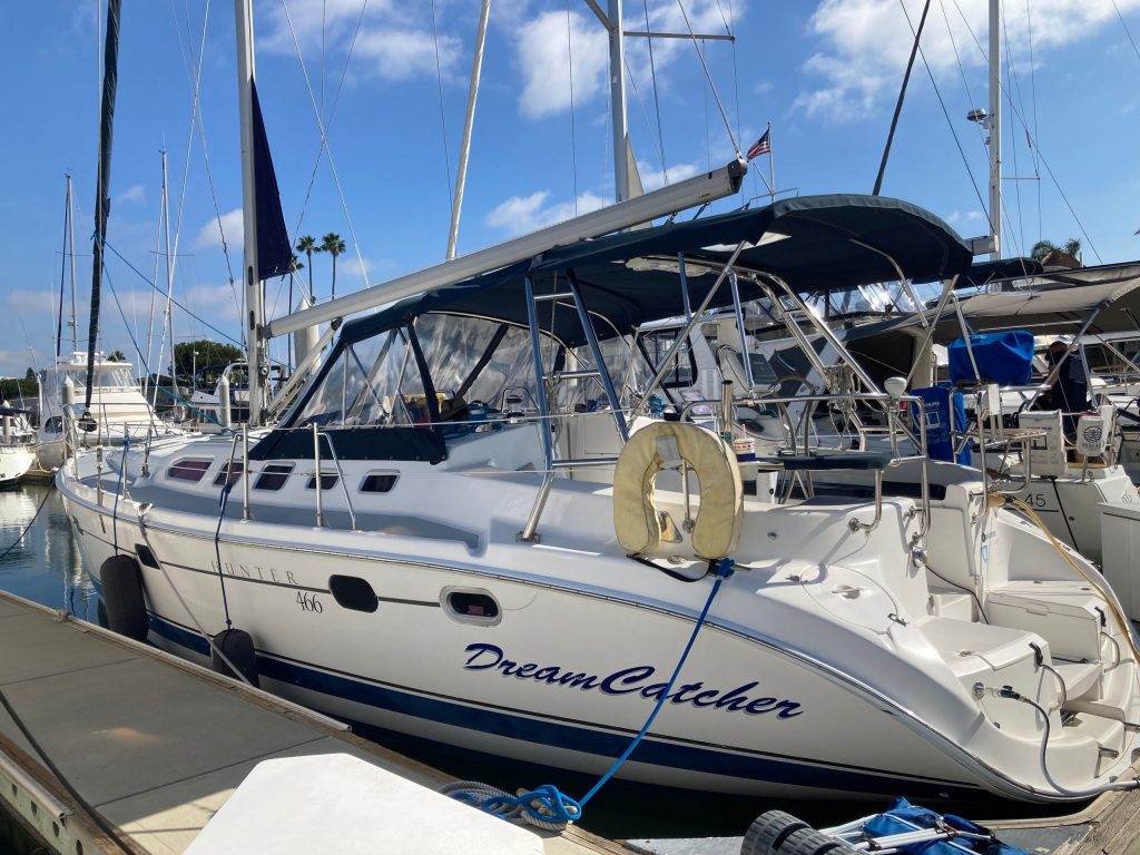 this is a Hunter 466 sailboat docked in San Diego